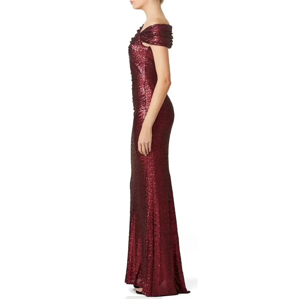 Badgley Mischka Bordeaux Red Sequin Gown Size 22 Off Shoulder Formal Luxury $695 - Picture 3 of 14